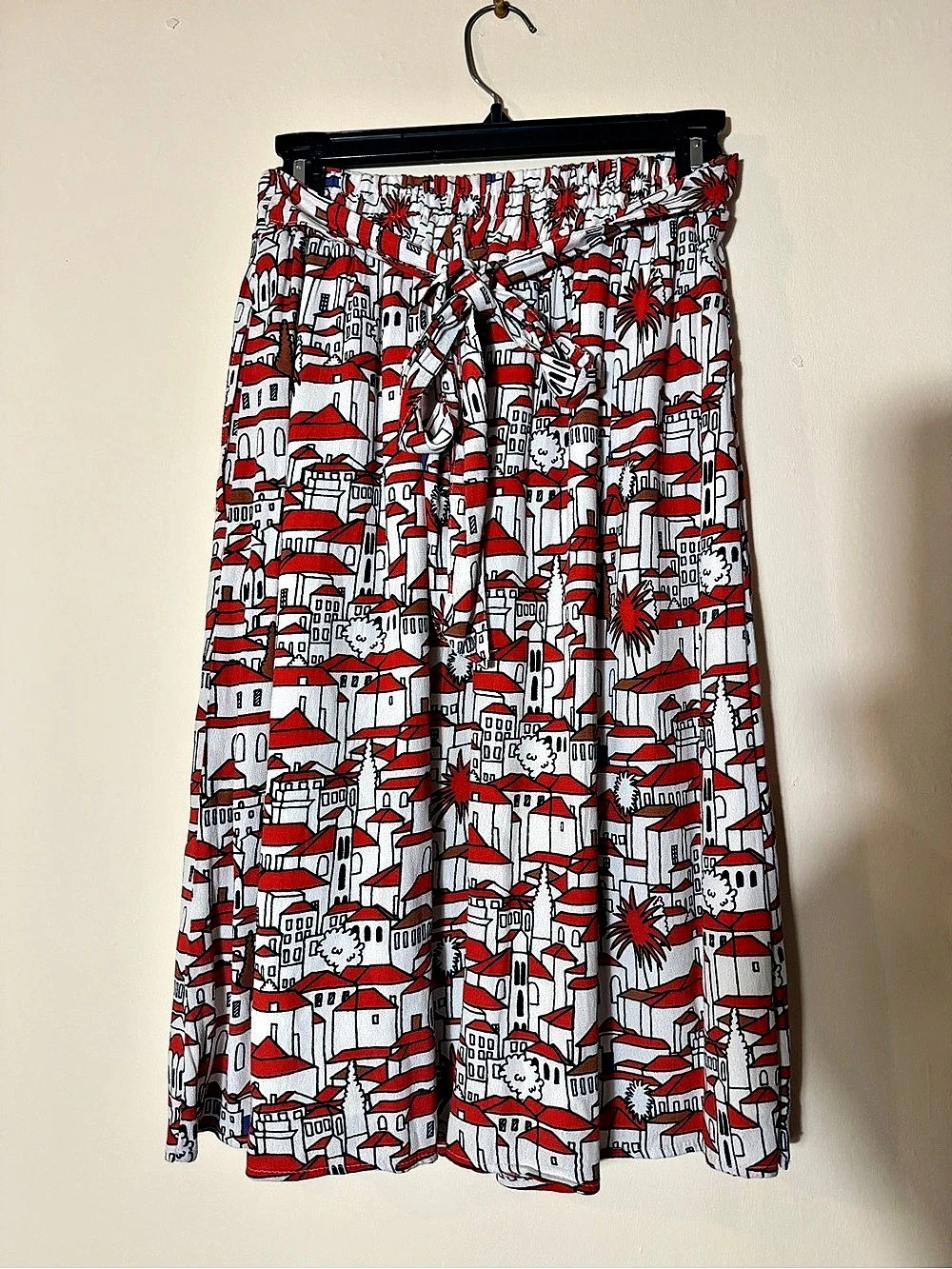 Anthropologie Porridge Red Getaway Cityscape Tie Waist Skirt XS